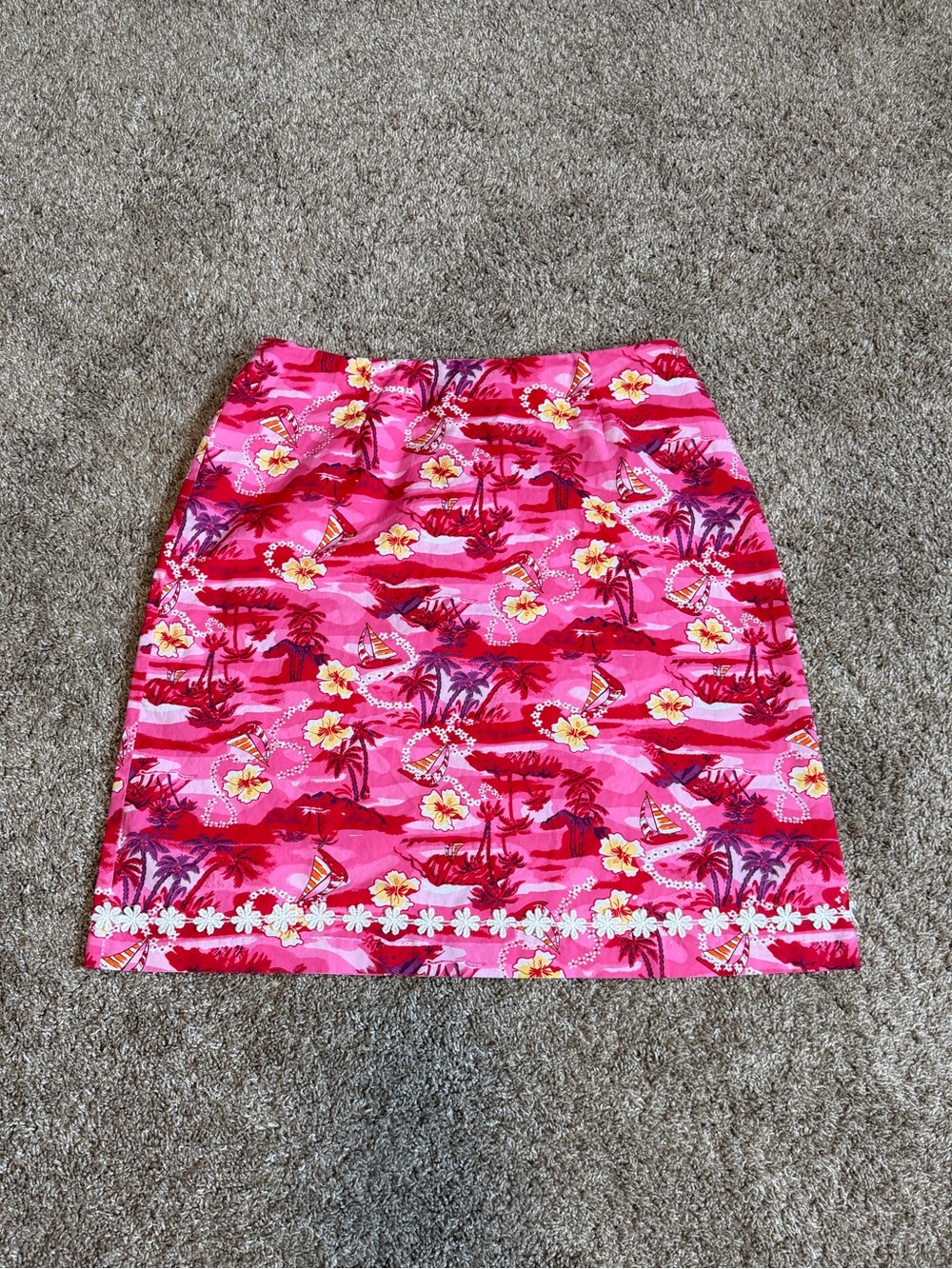 Bamboo Traders VTG Pink Yellow Tropical Floral Skirt Medium Lace Detail Hawaiian